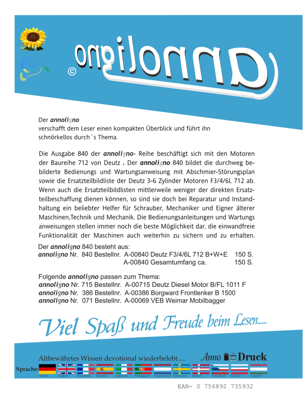 Deutz Diesel Motor Typ F3/4/6L 712 Bild- Bedienungsanleitung & Wartungsanleitung & Bild- Ersatzteilliste & Explosionszeichnungen - annoligno 840